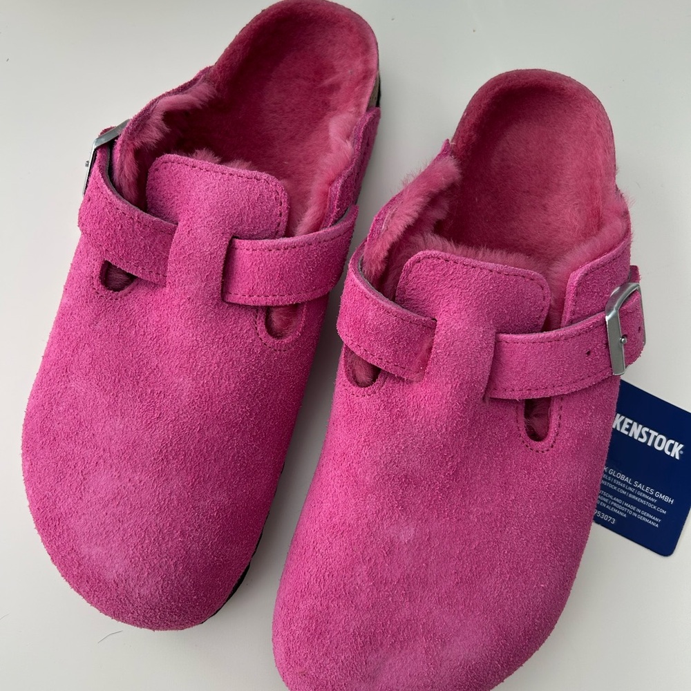 Birkenstock Hot Pink Suede Shearling Clogs